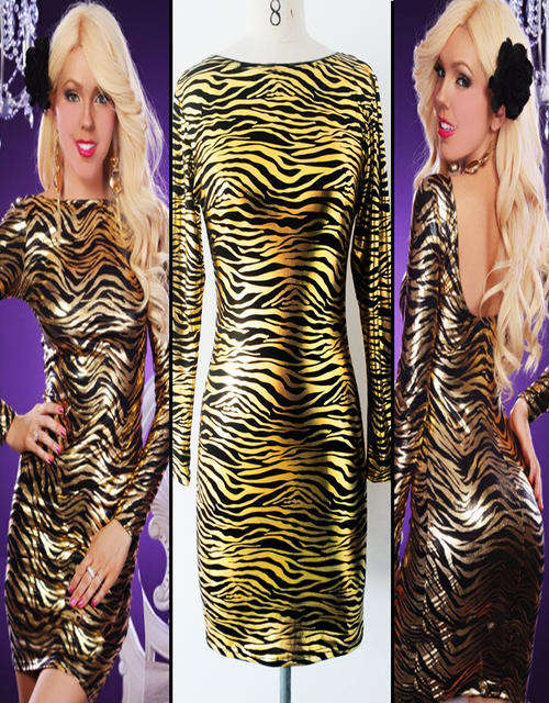 Gold Zebra Leather Clubwear Midi Dress