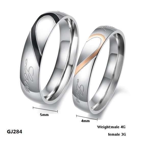 316L Stainless Steel Silver Half Heart Simple Circle Real Love Couple Ring Set