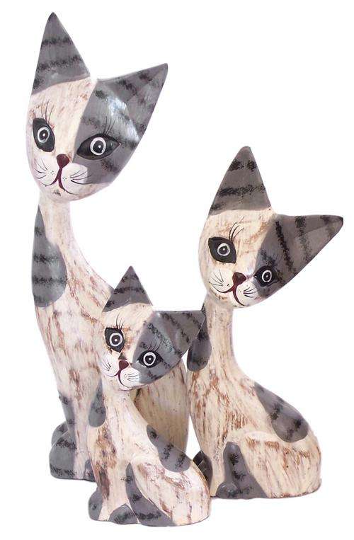 Wooden Cat set of 3. Standing long neck with grey and white wash effect.