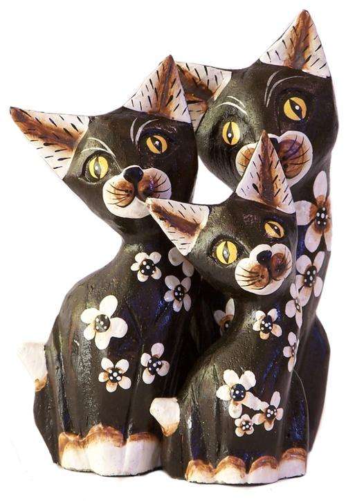 Wooden Brown cat set of 3 with flowers