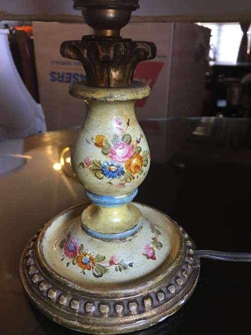GORGEOUS SMALL HAND PAINTED GILT LAMP WITH SHADE