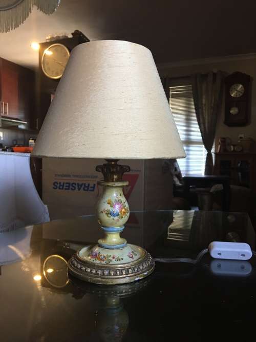 GORGEOUS SMALL HAND PAINTED GILT LAMP WITH SHADE