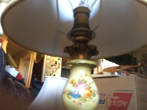 GORGEOUS SMALL HAND PAINTED GILT LAMP WITH SHADE