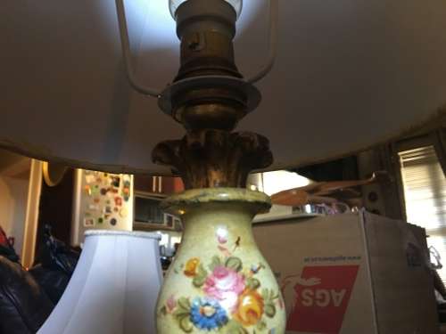 GORGEOUS SMALL HAND PAINTED GILT LAMP WITH SHADE