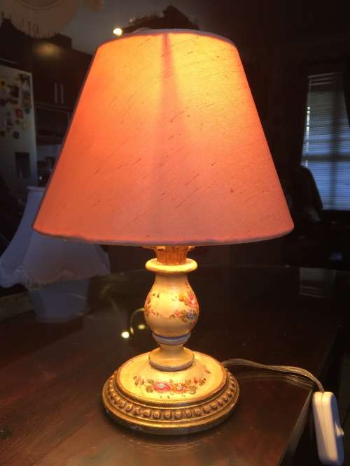 GORGEOUS SMALL HAND PAINTED GILT LAMP WITH SHADE