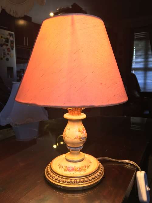 GORGEOUS SMALL HAND PAINTED GILT LAMP WITH SHADE
