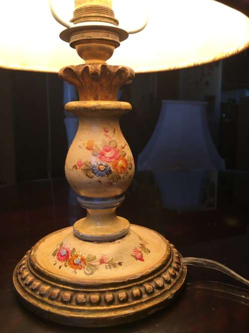 GORGEOUS SMALL HAND PAINTED GILT LAMP WITH SHADE