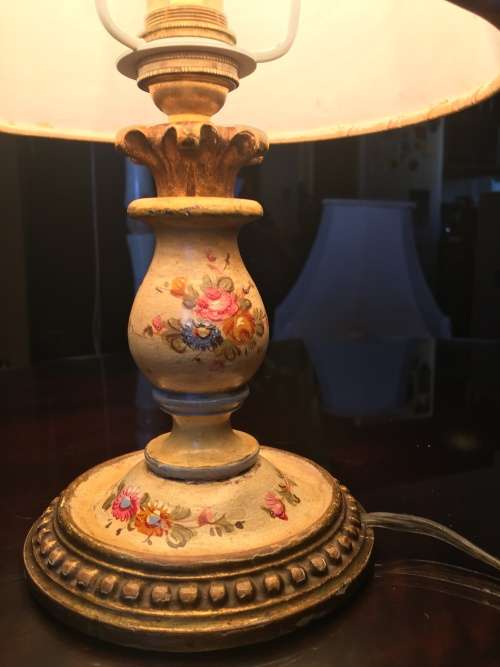 GORGEOUS SMALL HAND PAINTED GILT LAMP WITH SHADE