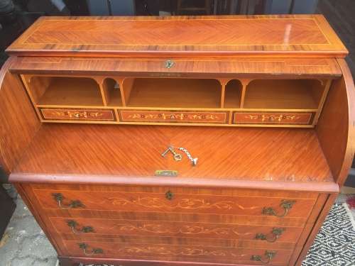Stunning !!!!! Louis XV Style Cylinder Top Writing Bureau With Inlay Marquetry