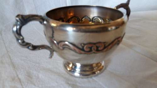 EM-ESS  FOOTED SUGAR BOWL , BLANK VIKING PLATE MADE IN CANADA EP COPPER LEAD MOUNTS.