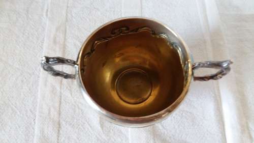 EM-ESS  FOOTED SUGAR BOWL , BLANK VIKING PLATE MADE IN CANADA EP COPPER LEAD MOUNTS.