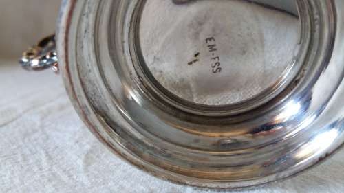 EM-ESS  FOOTED SUGAR BOWL , BLANK VIKING PLATE MADE IN CANADA EP COPPER LEAD MOUNTS.