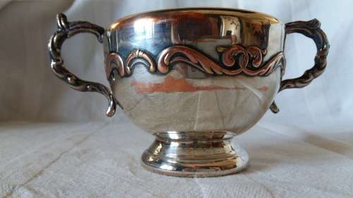 EM-ESS  FOOTED SUGAR BOWL , BLANK VIKING PLATE MADE IN CANADA EP COPPER LEAD MOUNTS.