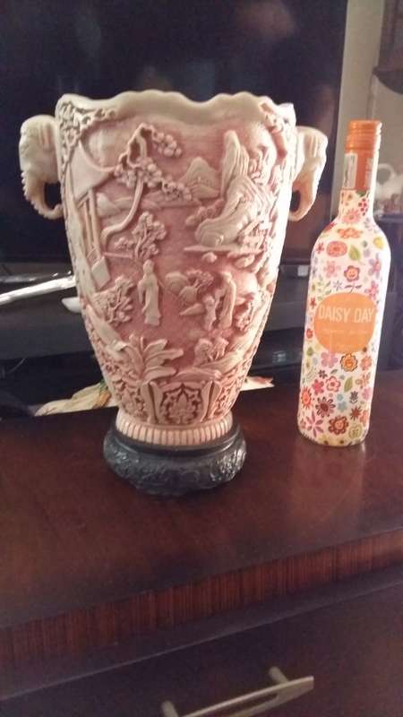 Stunning Vintage Faux ivory Chinese carved vase. Signed by artist
