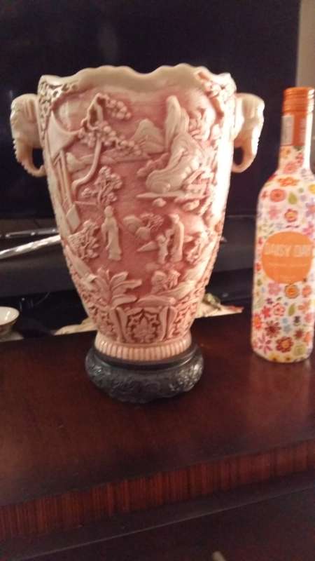 Stunning Vintage Faux ivory Chinese carved vase. Signed by artist