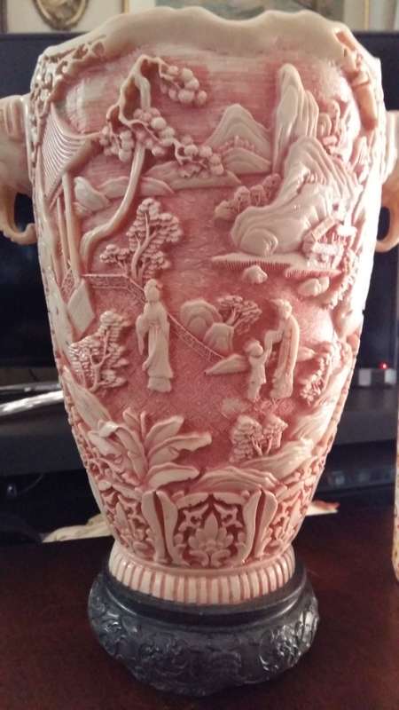Stunning Vintage Faux ivory Chinese carved vase. Signed by artist