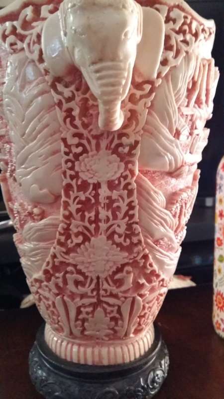 Stunning Vintage Faux ivory Chinese carved vase. Signed by artist