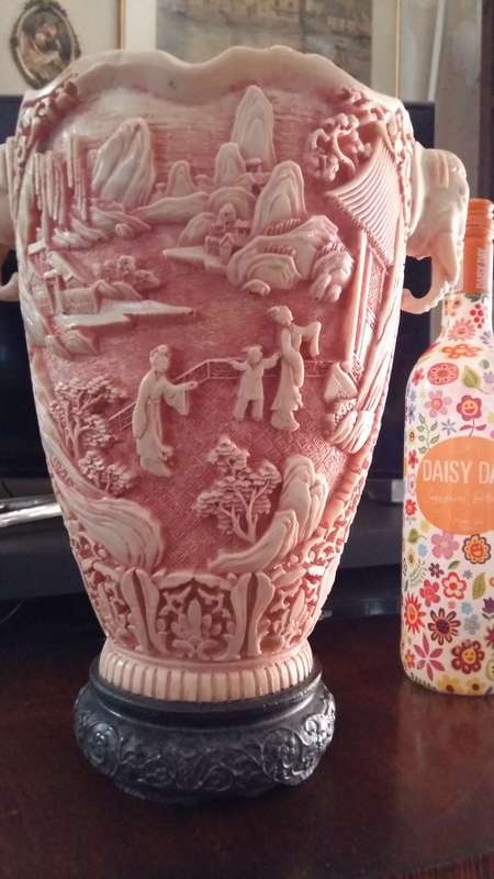 Stunning Vintage Faux ivory Chinese carved vase. Signed by artist