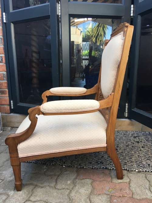 Stunning Edwardian upholstered arm chair with exquisite carved detailing