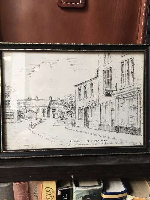 Beautiful framed pencil sketch by N.Sharp 1986 of Skipton building society in Silsden