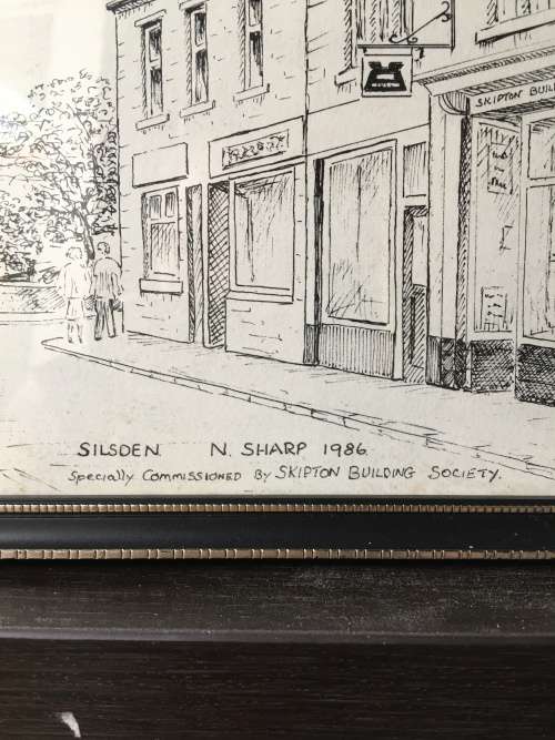 Beautiful framed pencil sketch by N.Sharp 1986 of Skipton building society in Silsden