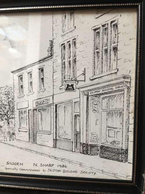 Beautiful framed pencil sketch by N.Sharp 1986 of Skipton building society in Silsden