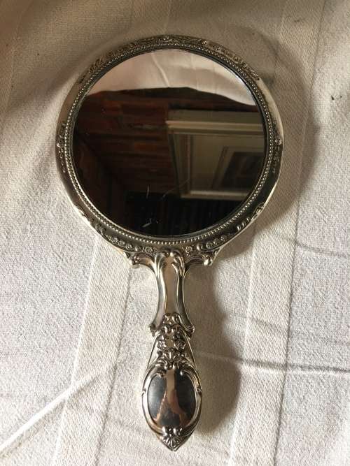 STUNNING ANTIQUE HEAVY SILVER PLATED HAND MIRROR