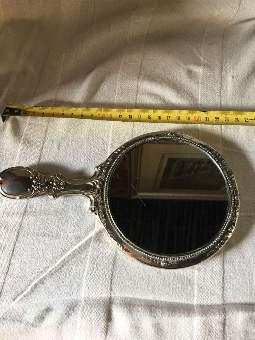 STUNNING ANTIQUE HEAVY SILVER PLATED HAND MIRROR