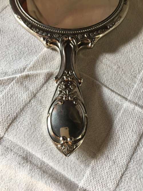 STUNNING ANTIQUE HEAVY SILVER PLATED HAND MIRROR