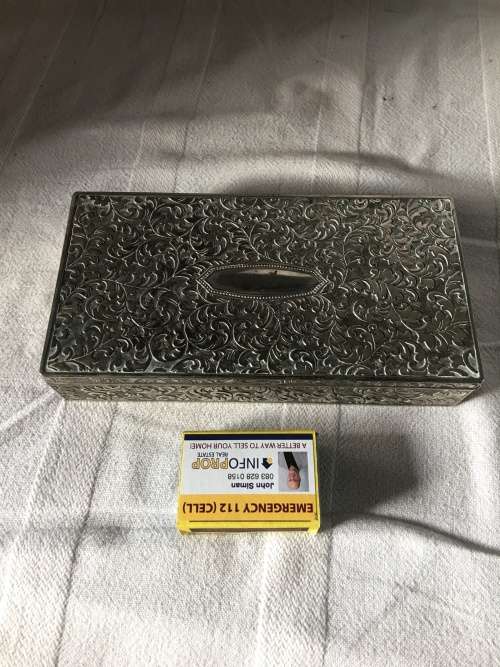 GORGEOUS HEAVY SILVER PLATED JEWELRY BOX WITH SAL LOGO