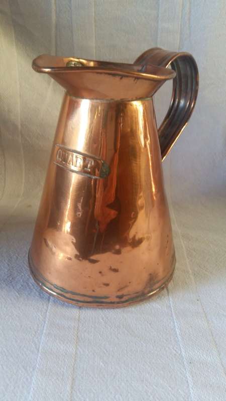 Stunning Antique Copper Quart Jug with stamp of Crown and Initials, Clearly marked