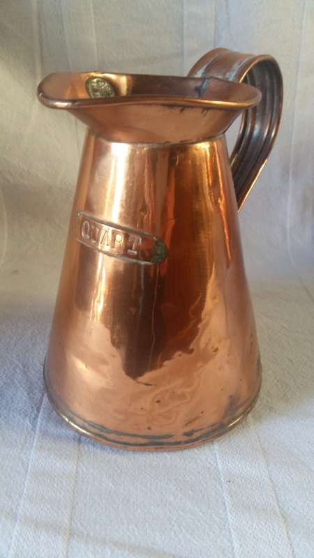Stunning Antique Copper Quart Jug with stamp of Crown and Initials, Clearly marked