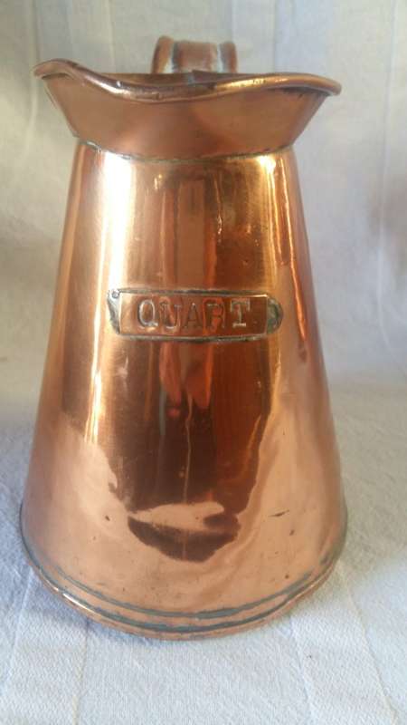 Stunning Antique Copper Quart Jug with stamp of Crown and Initials, Clearly marked