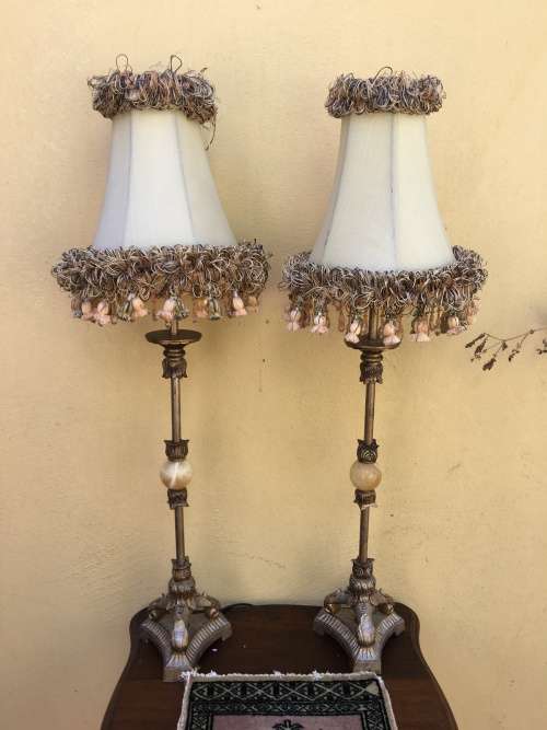 GORGEOUS PAIR TALL FAUX BRASS AND MARBLE LAMPS WITH STUNNING TASSELED SHADES