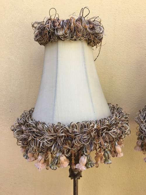 GORGEOUS PAIR TALL FAUX BRASS AND MARBLE LAMPS WITH STUNNING TASSELED SHADES