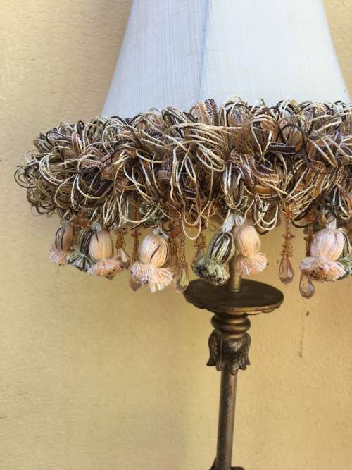 GORGEOUS PAIR TALL FAUX BRASS AND MARBLE LAMPS WITH STUNNING TASSELED SHADES