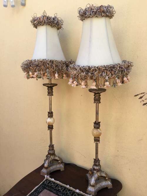 GORGEOUS PAIR TALL FAUX BRASS AND MARBLE LAMPS WITH STUNNING TASSELED SHADES
