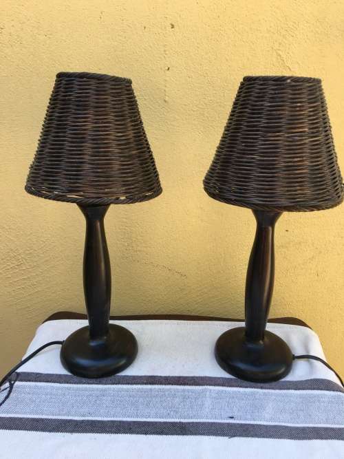STUNNING PAIR OF DARK PINE BEDSIDE LAMPS WITH DARK WICKER SHADES