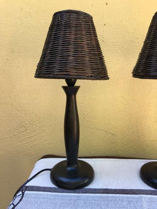 STUNNING PAIR OF DARK PINE BEDSIDE LAMPS WITH DARK WICKER SHADES