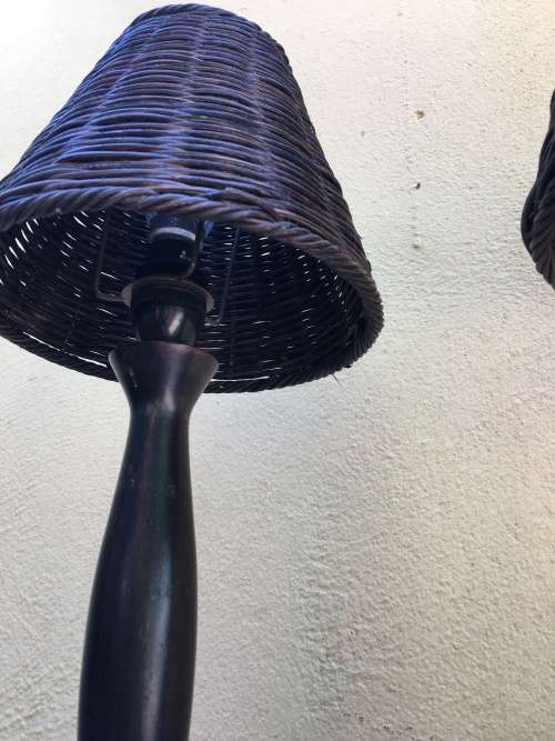 STUNNING PAIR OF DARK PINE BEDSIDE LAMPS WITH DARK WICKER SHADES