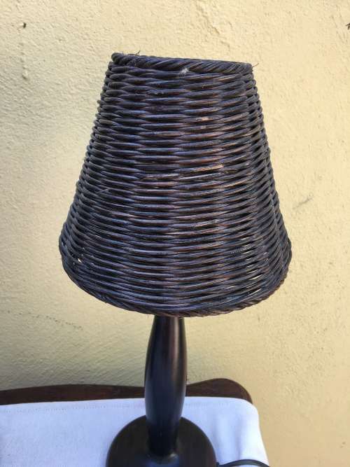 STUNNING PAIR OF DARK PINE BEDSIDE LAMPS WITH DARK WICKER SHADES