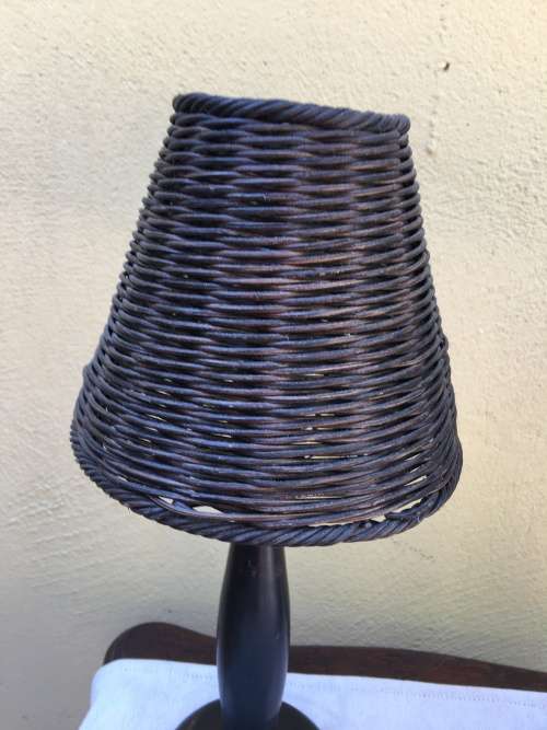 STUNNING PAIR OF DARK PINE BEDSIDE LAMPS WITH DARK WICKER SHADES