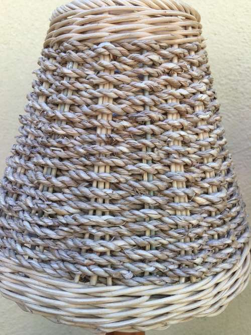 STUNNING PAIR OF PINE BEDSIDE LAMPS WITH WICKER SHADES