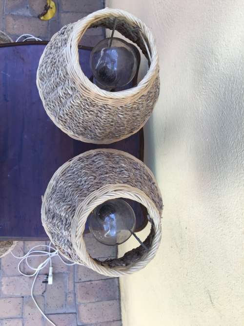 STUNNING PAIR OF PINE BEDSIDE LAMPS WITH WICKER SHADES