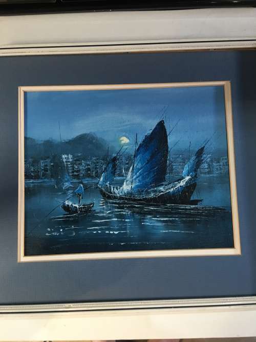 WOW !!! A GORGEOUS FRAMED OIL ON BOARD OF HONG KONG JUNK SHIPS signed