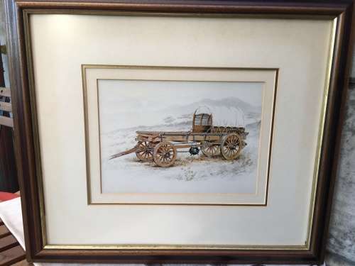 WOW !!! A STUNNING FRAMED PRINT OF AN OX WAGON signed by famous Veld Sketchbook artist JEFF HUNTLY