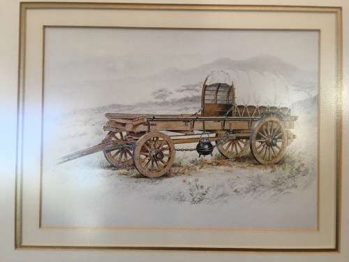 WOW !!! A STUNNING FRAMED PRINT OF AN OX WAGON signed by famous Veld Sketchbook artist JEFF HUNTLY