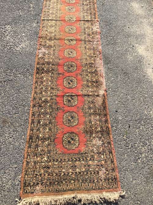 VERY WELL WORN GENUINE WOOL HAND KNOTTED BOKHARA PERSIAN CARPET RUNNER  3570 X 770mm