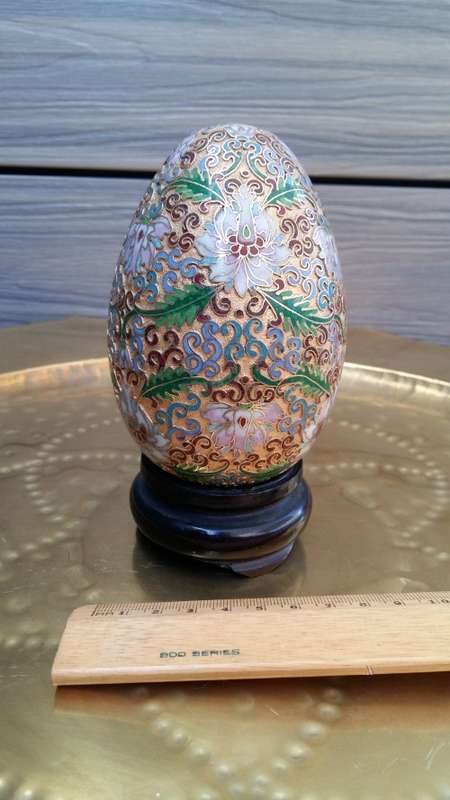 Beautiful brass enameled ornate oriental Cloisonne Egg on carved wooden stand. 14cm