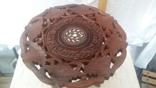 Vintage Beautiful Leaf Design Hand-Carved & bone inlaid Decorative Wooden Accent Table
